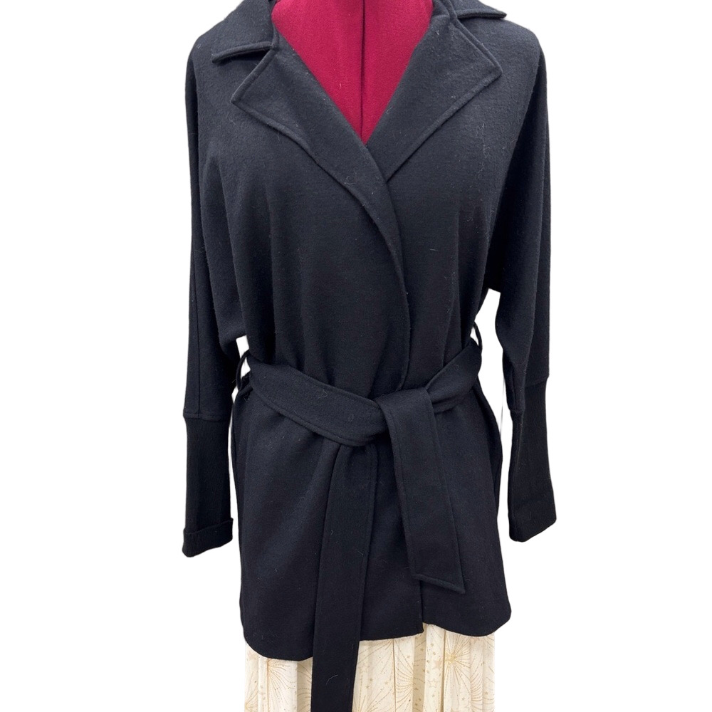 Belted Open-Front Cardigan Coat Extended Knit Cuffs Chic Minimalist Piece